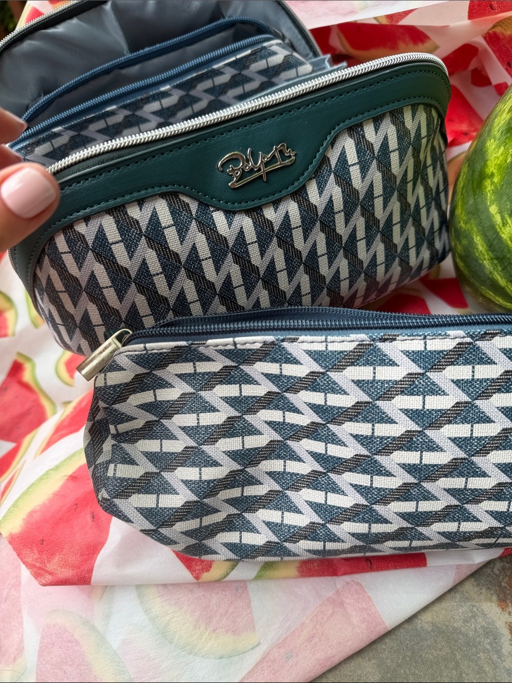 BOYATU ~ Teal Patterned Women's Cosmetic Bag 3 piece/ Travel Toiletry NWOT - Picture 3 of 8